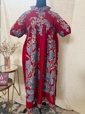 Red Floral BATIK Dress with Blue Flowers Print